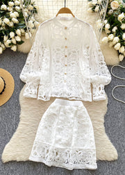 Fine White Hollow Out Lace 2 Piece Outfit Spring