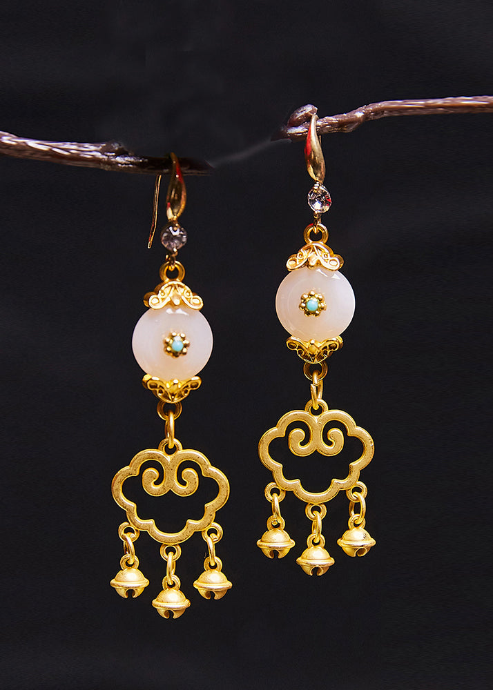 Fine White Jade Auspicious Clouds Small Bell 14K Gold Drop Earrings