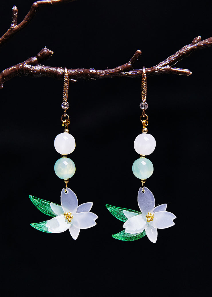 Fine White Jade Lotus Flower Drop Earrings