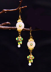 Fine White Jade Paitings Flower Metal Drop Earrings 2024 new style