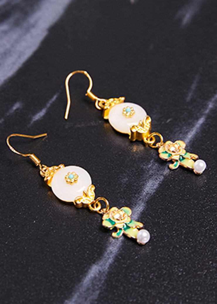 Fine White Jade Paitings Flower Metal Drop Earrings 2024 new style
