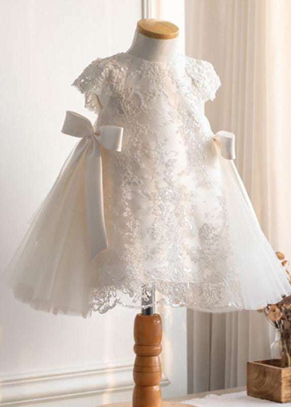 Fine White Lace Patchwork Tulle Girls Maxi Dresses Short Sleeve