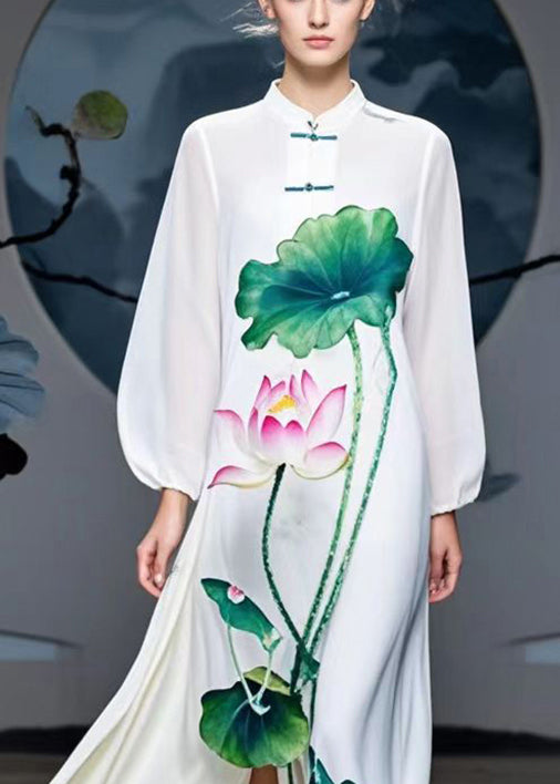 Fine White Lotus Print Side Open Chiffon Long Dresses Spring