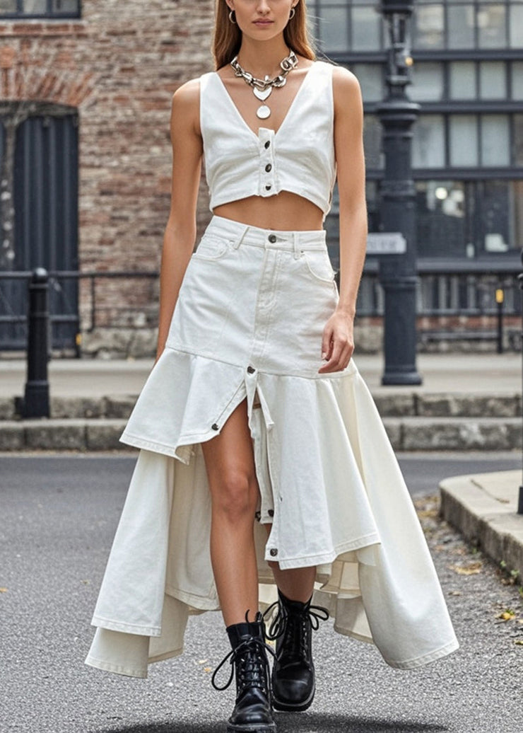 Fine White Low High Design Silm Fit Denim Skirt Spring