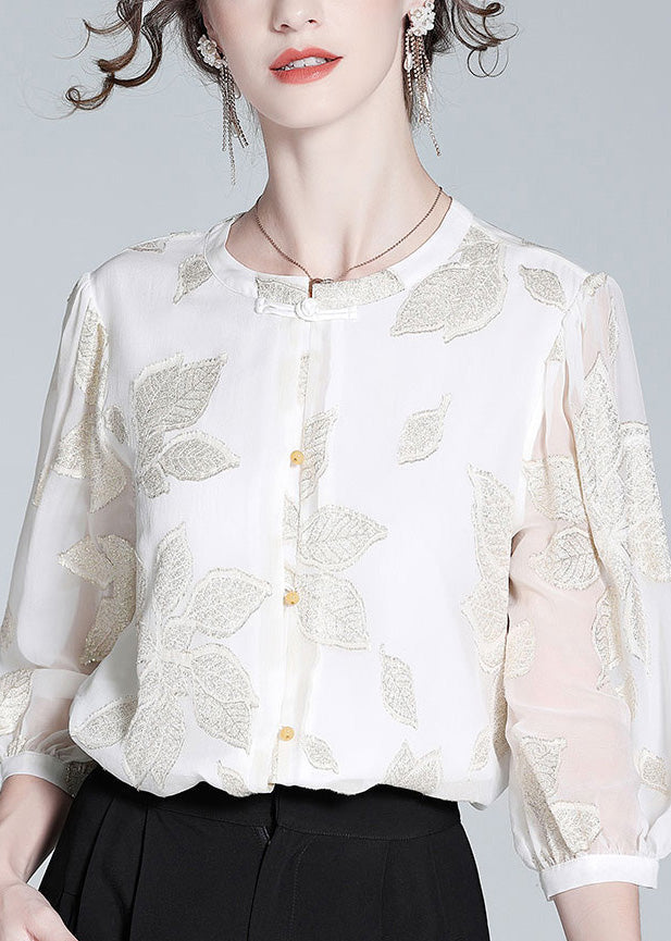 Fine White O-Neck Embroideried Print Button Silk Top Spring