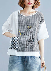 Fine White O Neck Plaid Patchwork Cartoon Embroideried Cotton Tops Short Sleeve