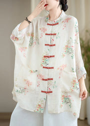 Fine White Oversized Print Linen Oriental Cardigan Spring