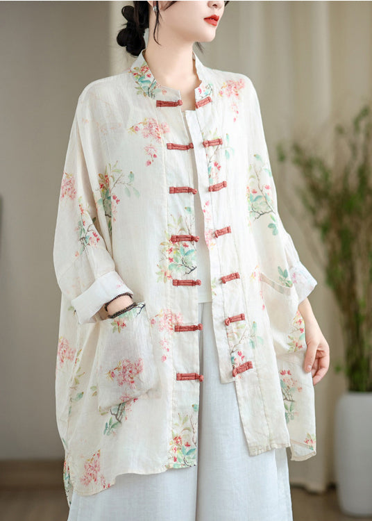 Fine White Oversized Print Linen Oriental Cardigan Spring