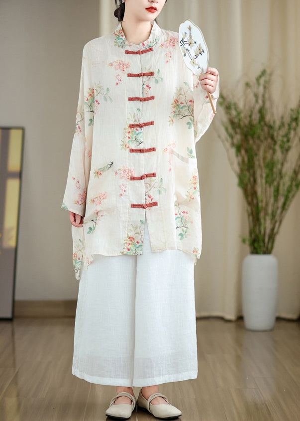 Fine White Oversized Print Linen Oriental Cardigan Spring