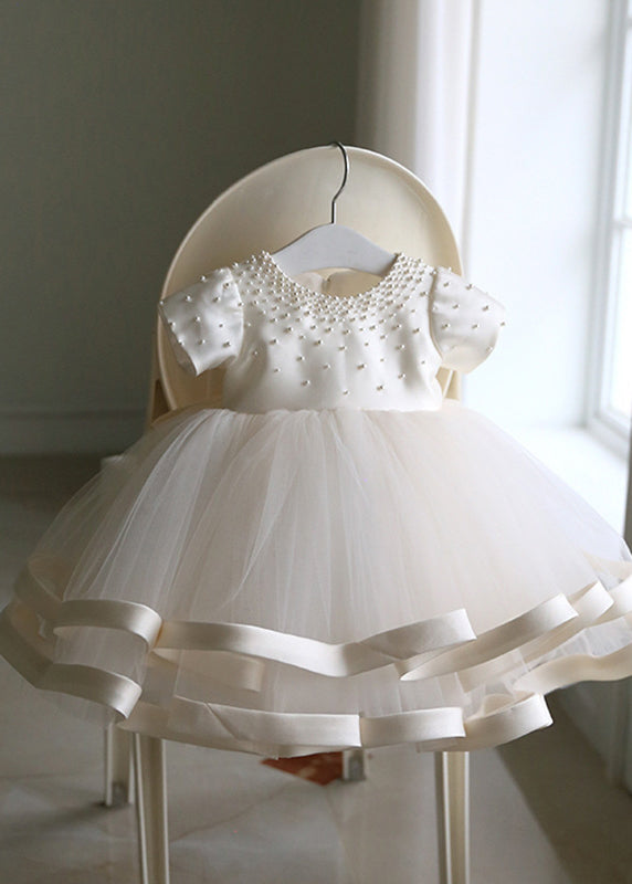 Fine White Pearl Tulle Patchwork Kids Long Dress Short Sleeve