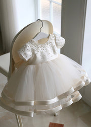 Fine White Pearl Tulle Patchwork Kids Long Dress Short Sleeve