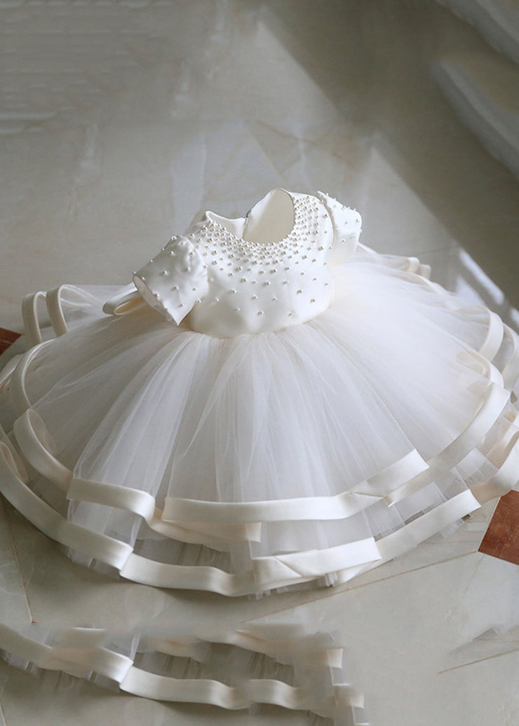 Fine White Pearl Tulle Patchwork Kids Long Dress Short Sleeve