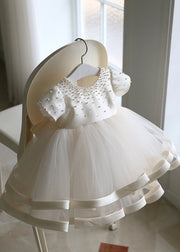 Fine White Pearl Tulle Patchwork Kids Long Dress Short Sleeve