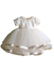 Fine White Pearl Tulle Patchwork Kids Long Dress Short Sleeve