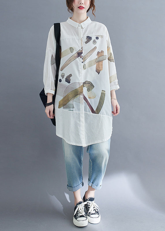 Fine White Print Patchwork Cotton Shirt Dress Fall