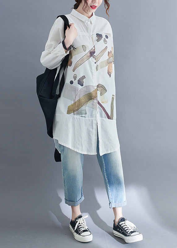 Fine White Print Patchwork Cotton Shirt Dress Fall