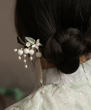 Fine White Sandalwood Pearl Floral Tassel Hairpin