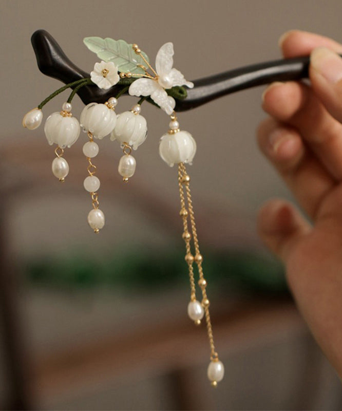 Fine White Sandalwood Pearl Floral Tassel Hairpin