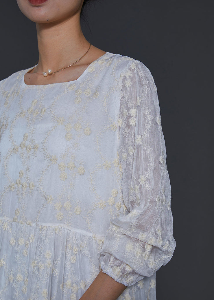 Fine White Square Colla Embroidered Silk Long Dress Spring