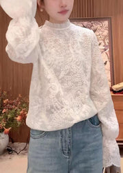 Fine White Stand Collar Embroidered Lace Shirts Flare Sleeve