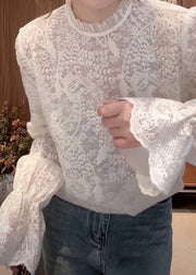 Fine White Stand Collar Embroidered Lace Shirts Flare Sleeve