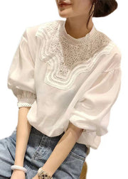 Fine White Stand Collar Patchwork Lace Chiffon Shirt Top Puff Sleeve