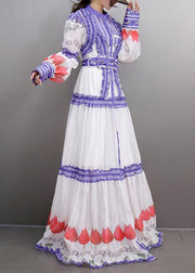 Fine White Stand Collar Ruffled Button Maxi Dress Lantern Sleeve