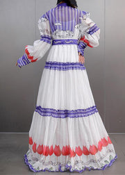 Fine White Stand Collar Ruffled Button Maxi Dress Lantern Sleeve