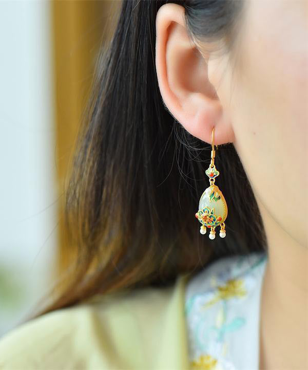 Fine White Sterling Silver Jade Cloisonne Enamel Tassel Drop Earrings