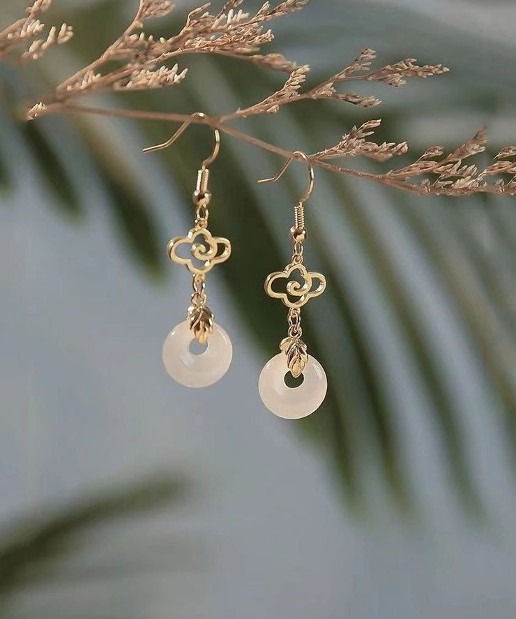 Fine White Sterling Silver Overgild Jade Ping Buckle Tassel Drop Earrings