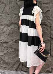 Fine White Striped Ruffled Patchwork Silk Mid Dress Summer