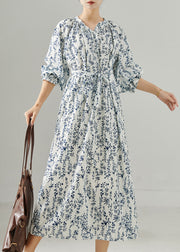 Fine White Tie Waist Print Chiffon Tea Dress Spring