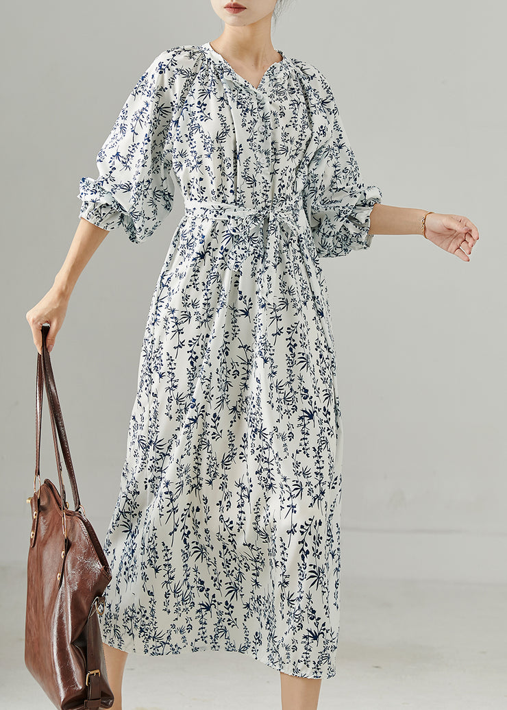 Fine White Tie Waist Print Chiffon Tea Dress Spring