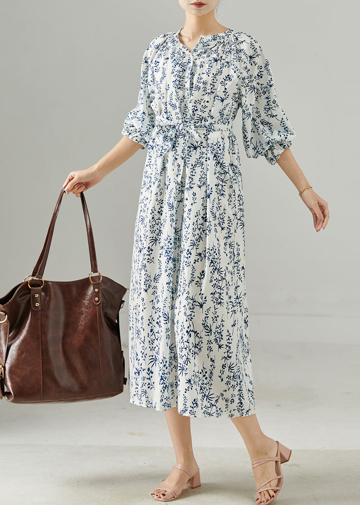 Fine White Tie Waist Print Chiffon Tea Dress Fall