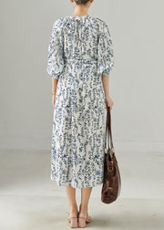 Fine White Tie Waist Print Chiffon Tea Dress Spring