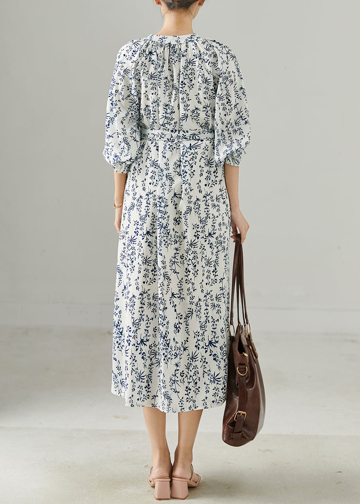 Fine White Tie Waist Print Chiffon Tea Dress Spring