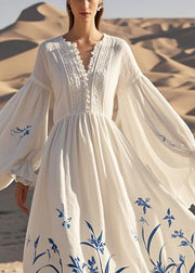 Fine White V Neck Print Cotton Party Dress Butterfly Sleeve