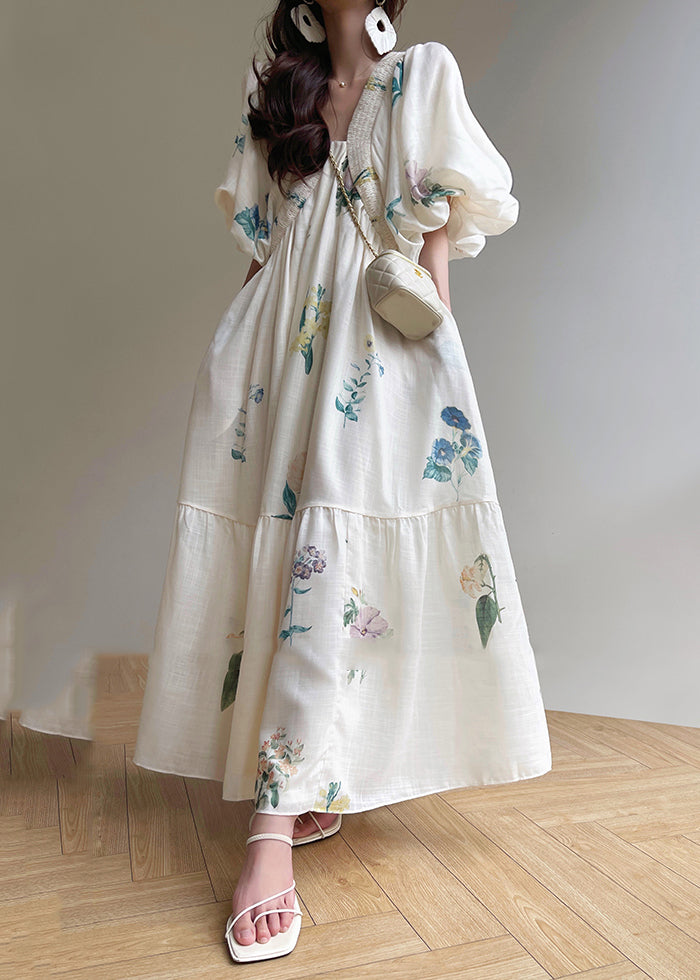 Fine White V Neck Print Patchwork Long Dress Summer