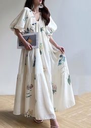 Fine White V Neck Print Patchwork Long Dress Summer