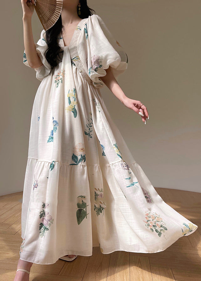 Fine White V Neck Print Patchwork Long Dress Summer