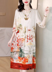 Fine White V Neck Print Side Open Silk Maxi Dress Half Sleeve