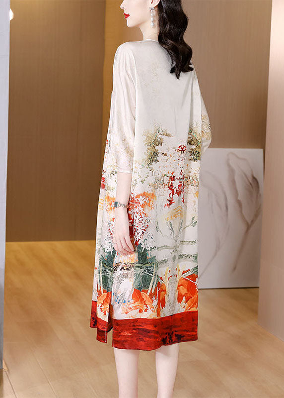 Fine White V Neck Print Side Open Silk Maxi Dress Half Sleeve