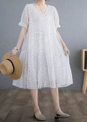 Fine White V Neck Wrinkled Dot Patchwork Chiffon Dresses Summer