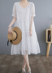 Fine White V Neck Wrinkled Dot Patchwork Chiffon Dresses Summer