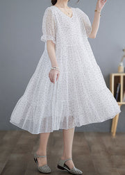 Fine White V Neck Wrinkled Dot Patchwork Chiffon Dresses Summer