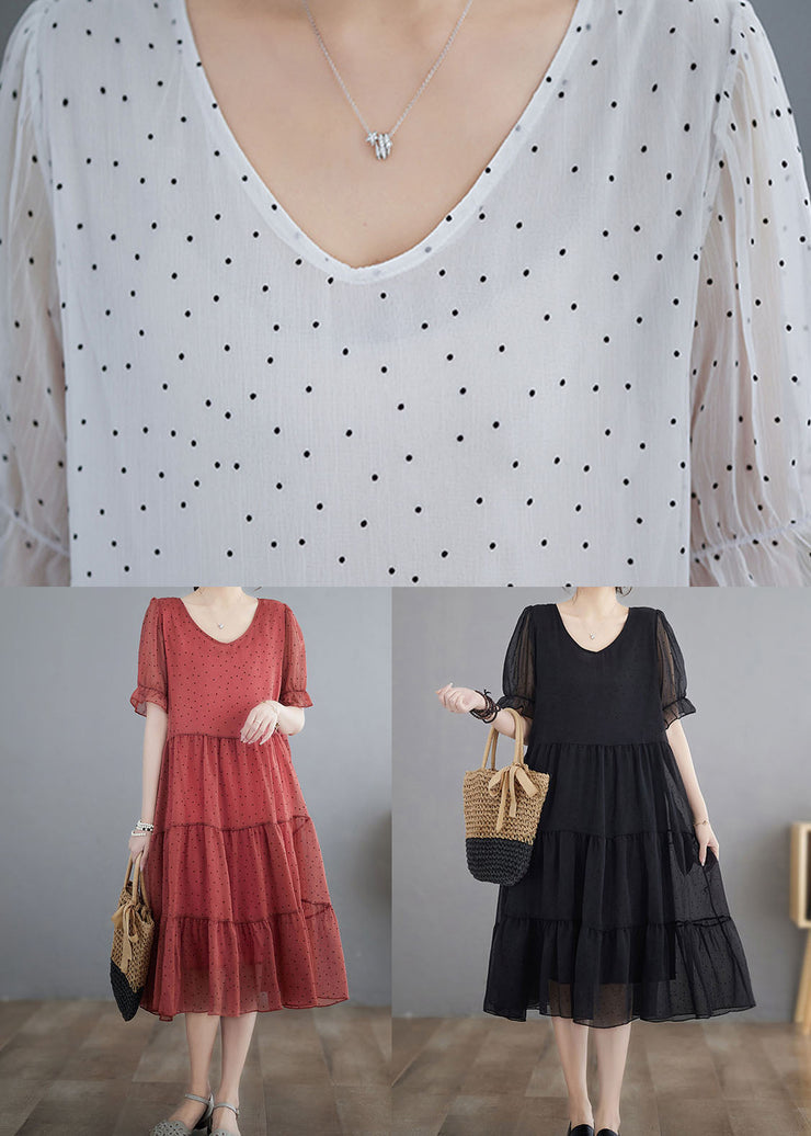 Fine White V Neck Wrinkled Dot Patchwork Chiffon Dresses Summer