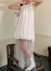 Fine White Wrinkled Patchwork Tulle Holiday Dress Sleeveless