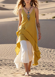 Fine Yellow Asymmetrical Cotton Fake Two Piece Dresses Summer