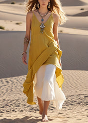 Fine Yellow Asymmetrical Cotton Fake Two Piece Dresses Summer