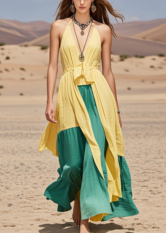 Fine Yellow Asymmetrical Patchwork Cotton Halter Dresses Summer